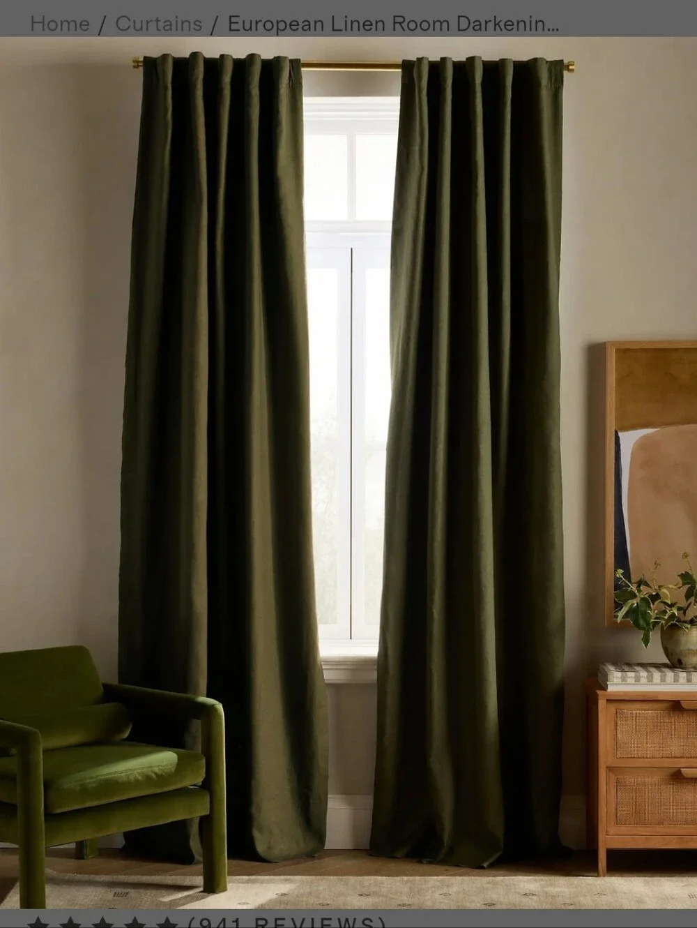 Quince 96x108 European Linen Room Darkening Curtain Panel Hunter Green 96